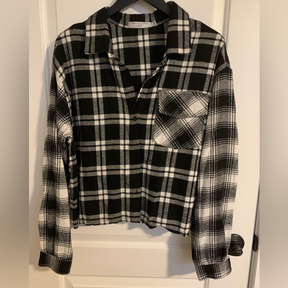 Love For Humanity Couture Black Plaid Button Down FlannelCrop Top Shirt Size XXL
